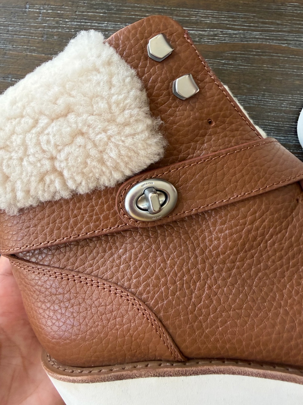 Coach Kenna British Tan Leather Shearling Wedge Booties - Picture 4 of 6